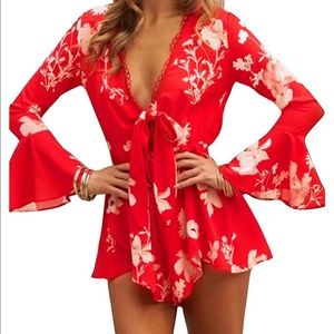 Red floral long sleeve romper